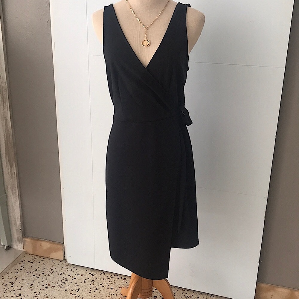 Black cotton sleeveless faux wrap dress by and/S